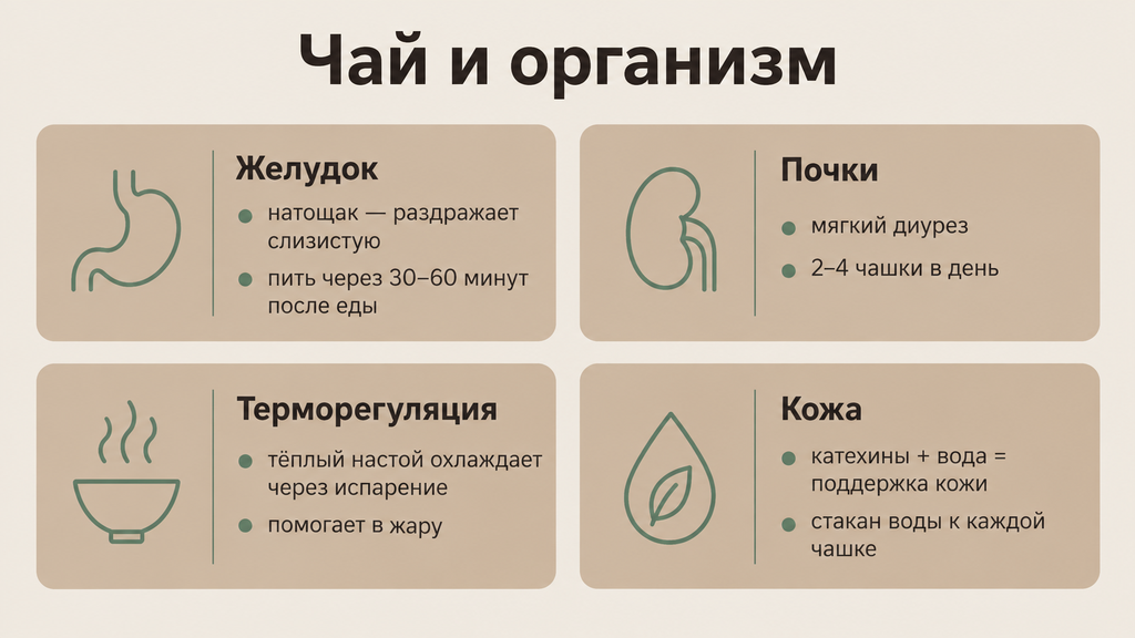 Схема влияния чая на организм: желудок, почки, терморегуляция и кожа. Модульная инфографика с пиктограммами.