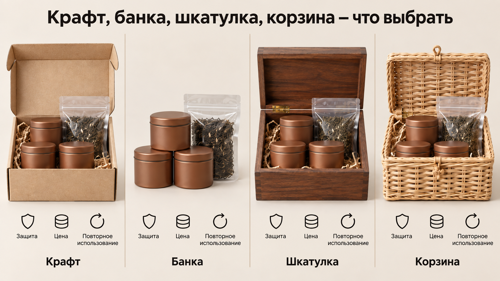 Сравнение типов упаковки чая: крафт, банка, шкатулка и корзина с критериями защиты, цены и повторного использования