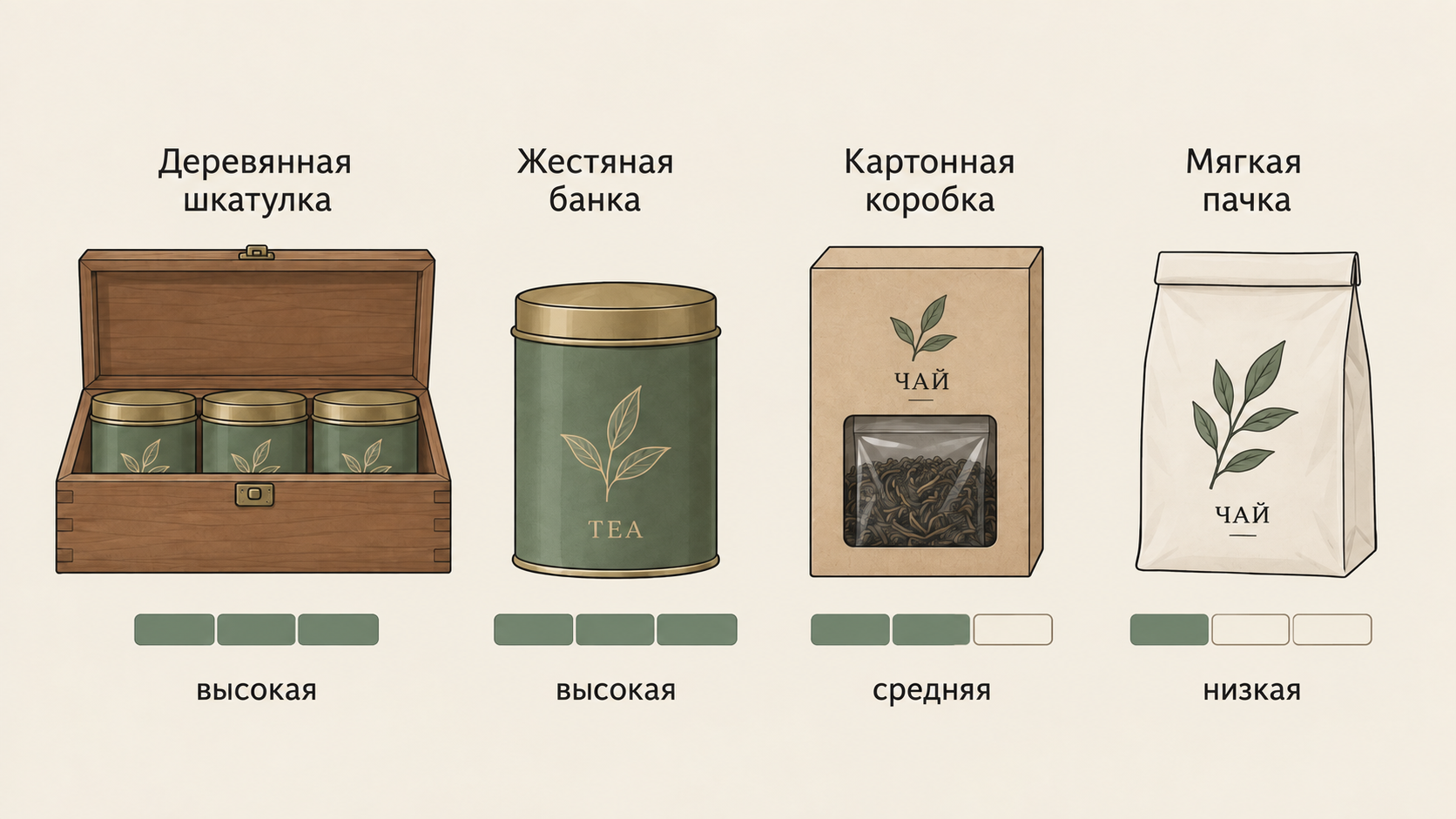 Сравнение четырёх форматов упаковки чая: деревянная шкатулка, жестяная банка, картонная коробка и мягкая пачка с визуальными шкалами защиты от света, воздуха и запахов. Инфографика подчёркивает разницу между внешней декорацией и реальной сохранностью чайного листа.