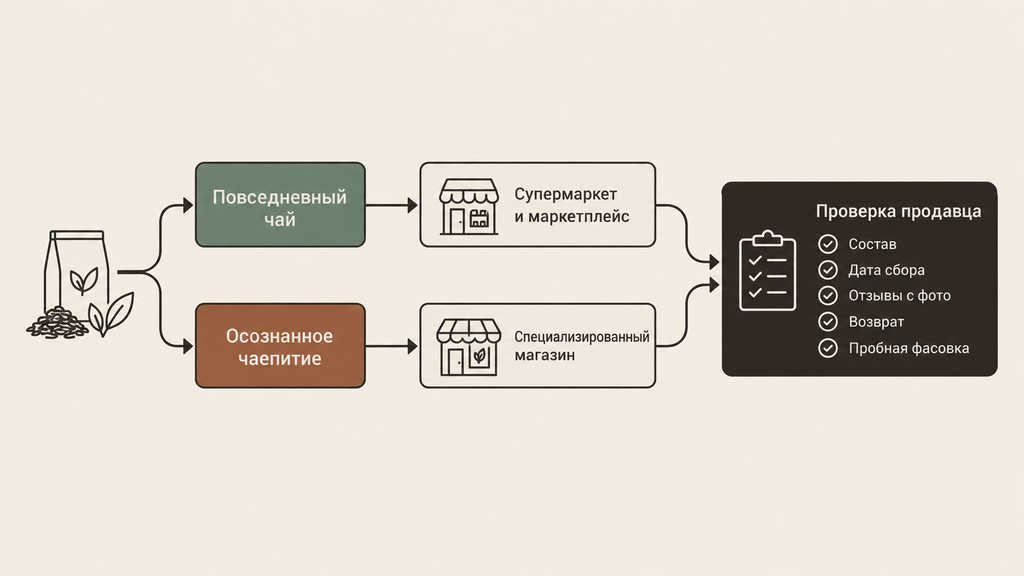 Горизонтальная схема выбора канала покупки чая: алгоритм от задачи покупателя к выбору площадки и проверке продавца