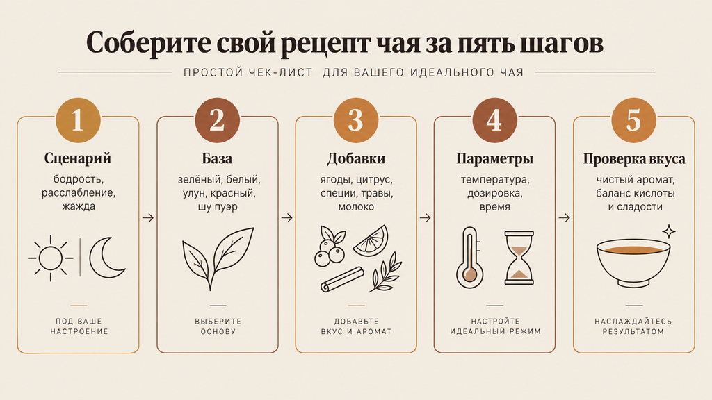 Чек-лист «Соберите свой рецепт чая за пять шагов». Модульная сетка с линейными иконками: сценарий употребления, вид чая, добавки, параметры заваривания и проверка вкуса.