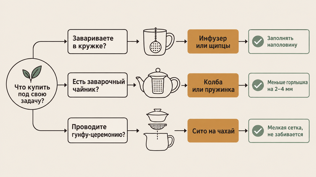 Схема выбора чая по способу заваривания: три варианта для кружки, заварочного чайника и гунфу-церемонии с краткими рекомендациями