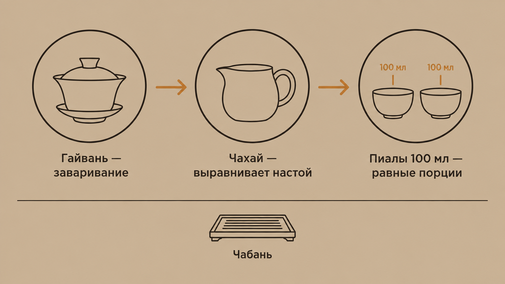 Линейная схема чайного набора, показывающая путь настоя от гайвани к чахаю и пиалам с указанием объёмов. Путь настоя: от гайвани к пиале, каждому равная порция.