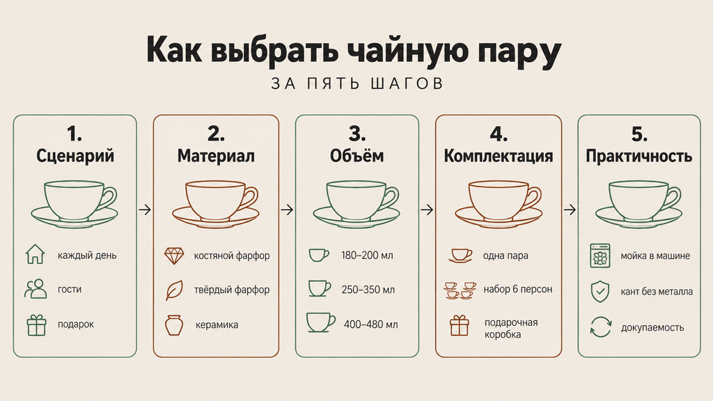 Пошаговая инфографика для новичков: как правильно выбрать чайную пару за пять шагов