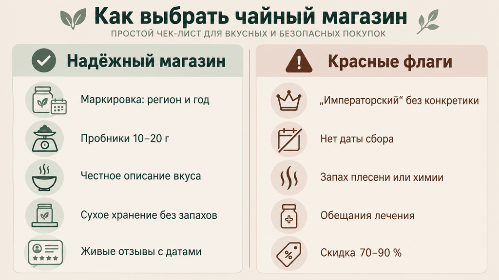 Чек-лист выбора чайного магазина: пять признаков надёжной лавки и пять красных флагов
