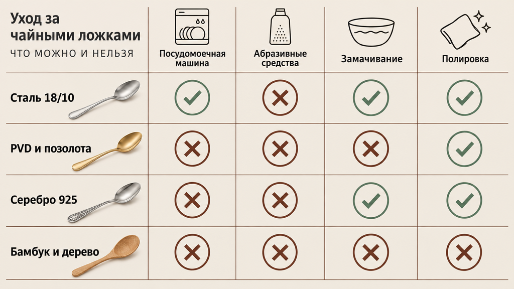 Схема правил ухода за чайными ложками из нержавеющей стали, PVD-покрытия, серебра и бамбука. Инфографика показывает допустимые и запрещённые методы эксплуатации: мытьё в посудомоечной машине, применение абразивов, замачивание и полировку.