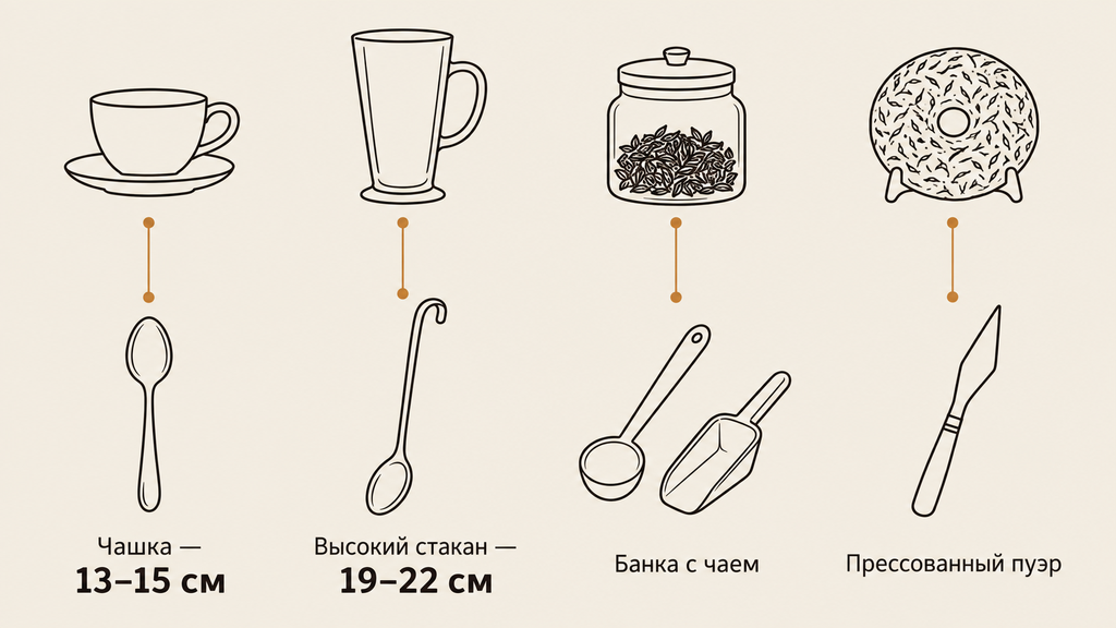 Схема выбора чайной ложки под разную посуду и сценарии чаепития. Пиктограммы чашки, стакана, банки и пресса с подходящими приборами.