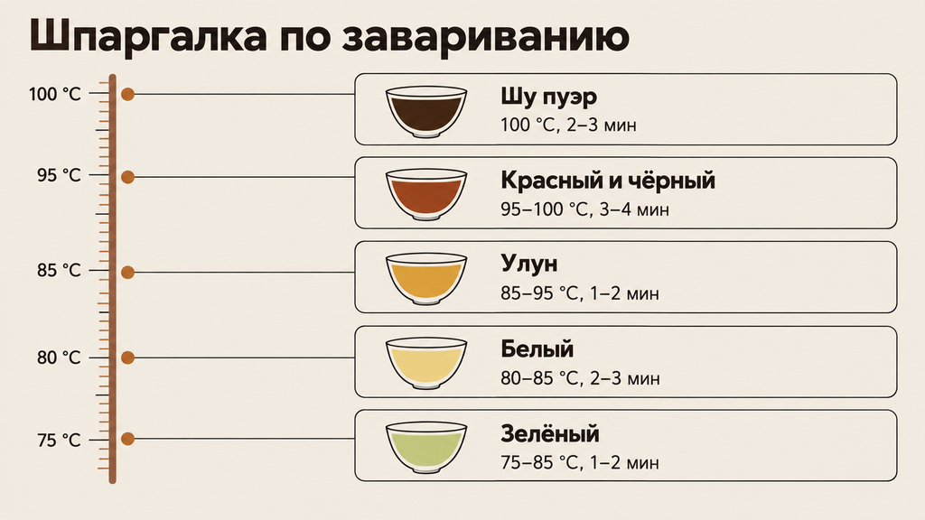 Шкала температуры воды и времени заваривания для основных категорий чая: зелёный, белый, улун, красный и пуэр