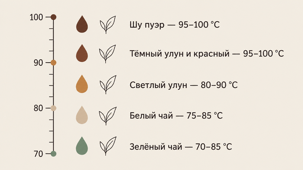 Шкала температур воды для заваривания китайского чая от 70 до 100 °C с категориями сортов и цветными индикаторами