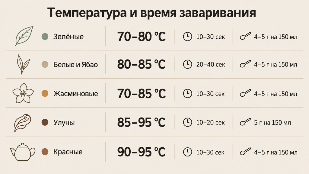 Таблица температур и времени пролива по категориям чая: зелёный, белый, ябао, жасмин, улуны и красные сорта с дозировкой 4–5 г на 150 мл