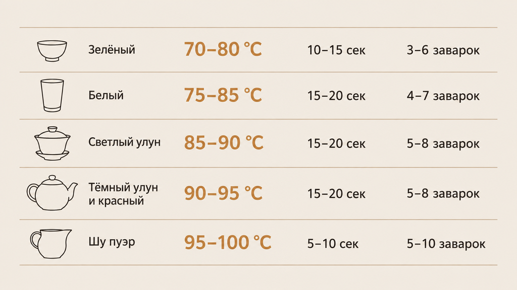 Инфографика температуры воды и времени заваривания для пяти видов чая с крупными маркерами температуры, времени первого пролива и количества заварок