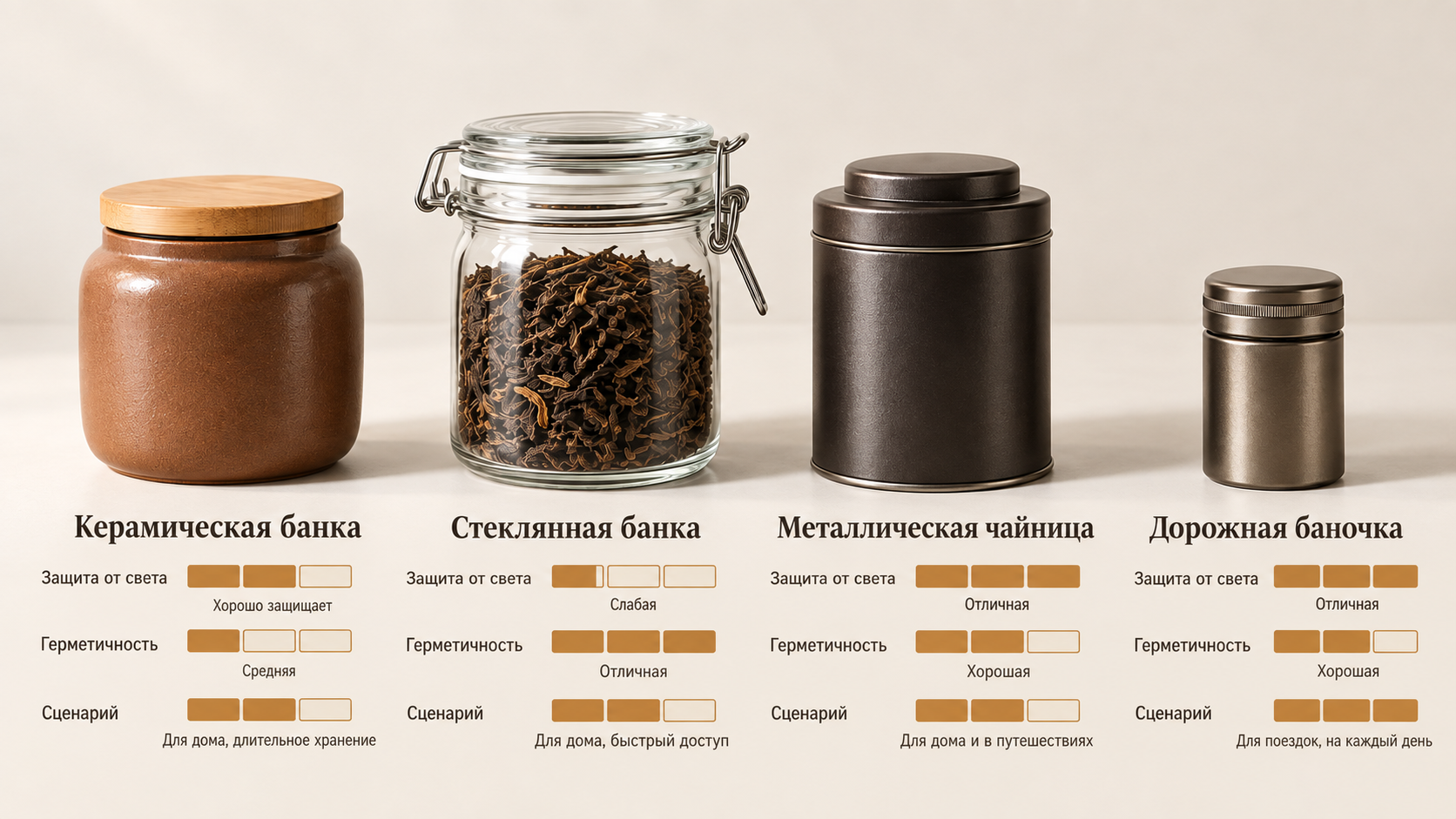 Четыре вида ёмкостей для хранения чая: керамическая с бамбуковой крышкой, стеклянная с защёлкой, металлическая и дорожная баночка. На тёплом фарфоровом фоне показаны шкалы защиты от света, герметичности и сценария использования.