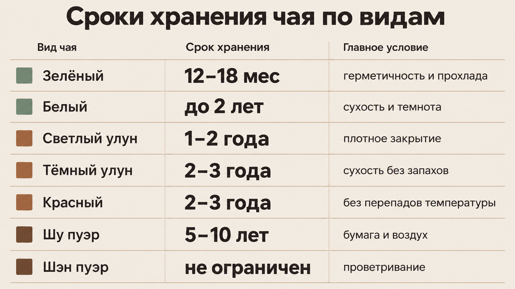 Таблица сроков хранения чая по видам: зелёный, белый, улун, пуэр и условия хранения