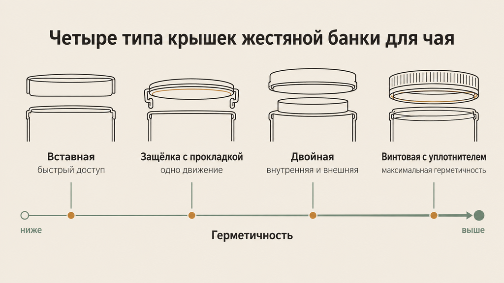 Инфографика: четыре типа крышек для жестяной банки чая и условная шкала герметичности. Вставная, двойная, винтовая с уплотнителем и защёлка с прокладкой.