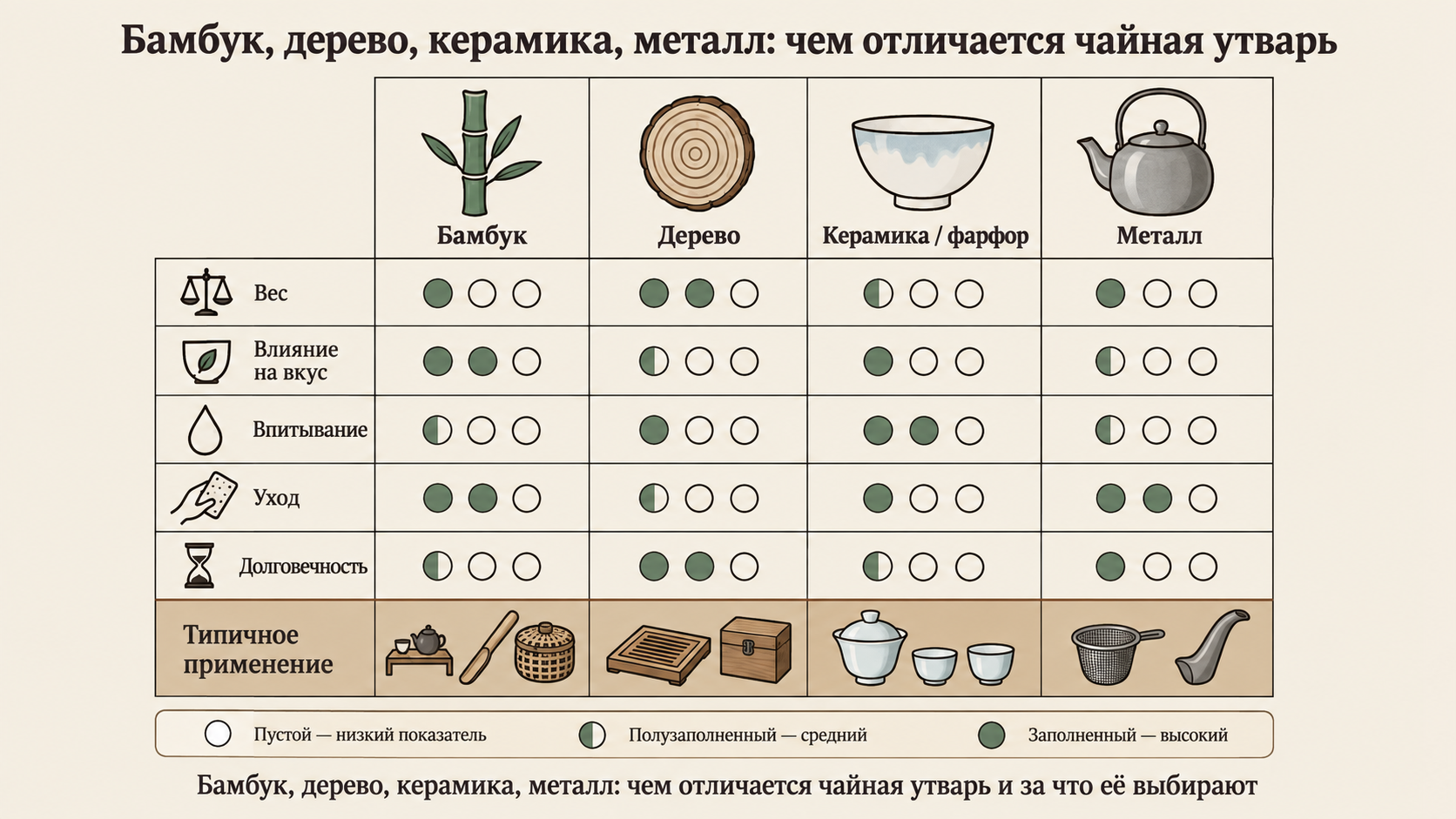Сравнение материалов чайной утвари: бамбук, дерево, керамика и металл по весу, влиянию на вкус, впитыванию, уходу, долговечности и типу применения