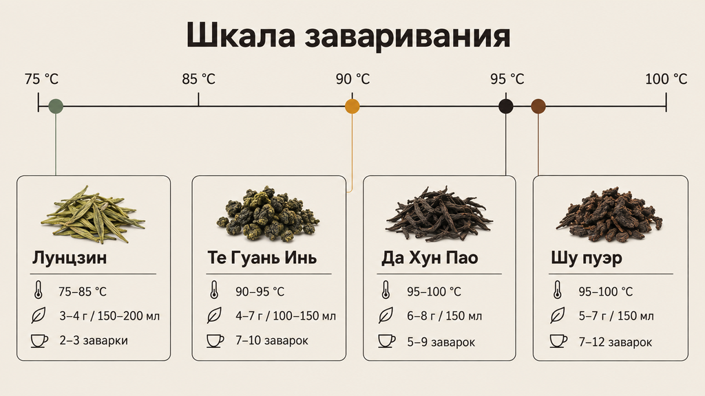 Горизонтальная шкала температур и времени заваривания шести сортов чая с рекомендациями по пропорциям и числу заварок