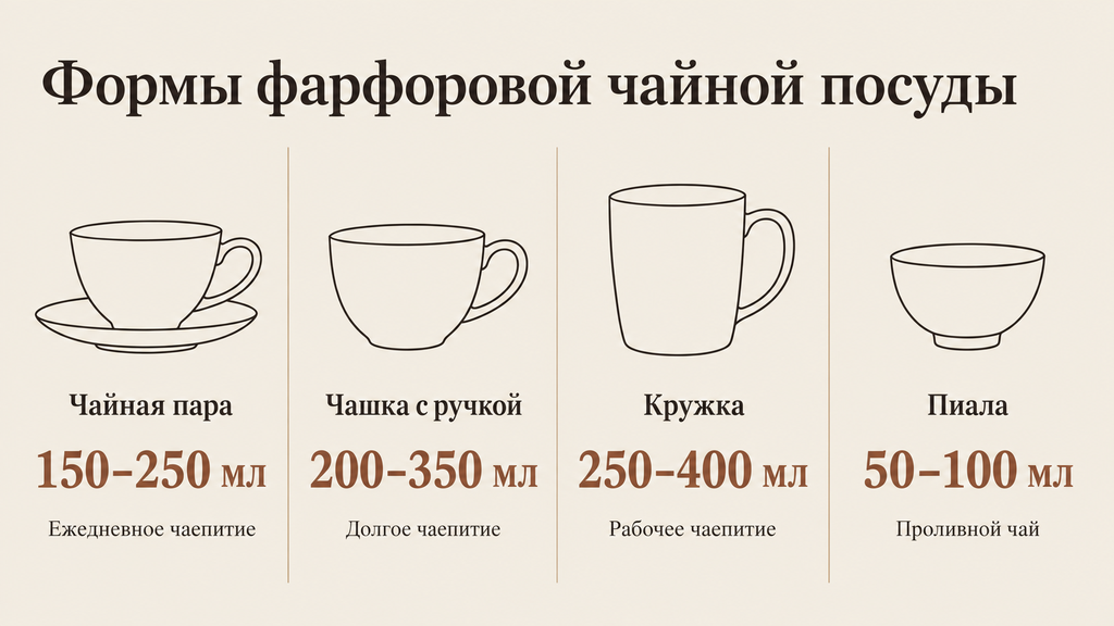 Инфографика: четыре контурных силуэта фарфоровой чайной посуды с указанием стандартных объёмов и сценариев использования