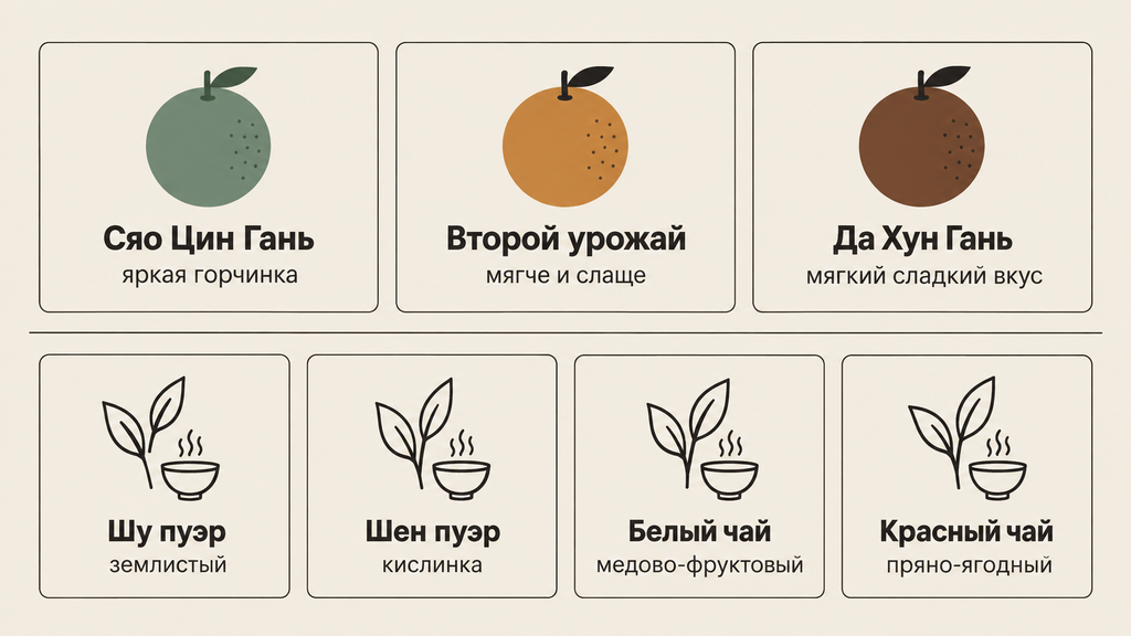 Инфографика видов чая в мандарине: три стадии созревания цитруса и четыре чайные основы с краткими вкусовыми характеристиками для навигации