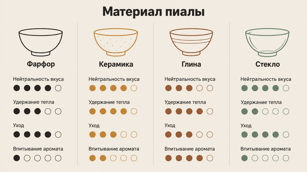 Сравнительная таблица материалов пиал: фарфор, керамика, глина и стекло с визуальными критериями вкуса, сохранения тепла и ухода