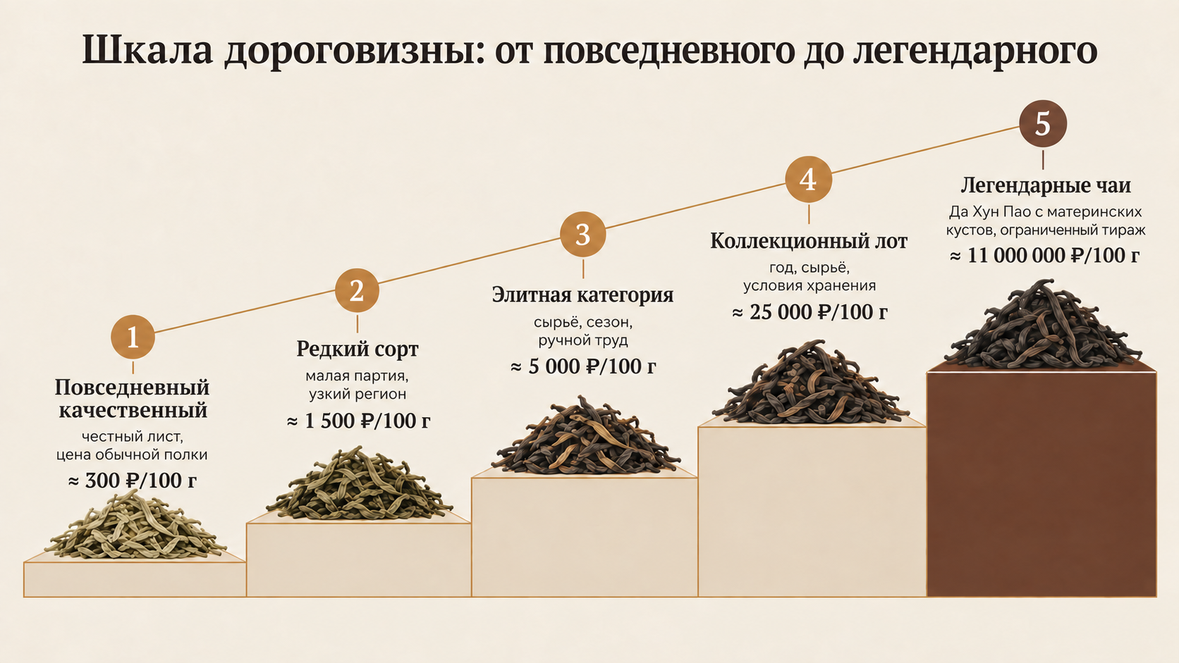 Шкала стоимости чая от повседневного до легендарных лотов с пятью уровнями цен за 100 грамм