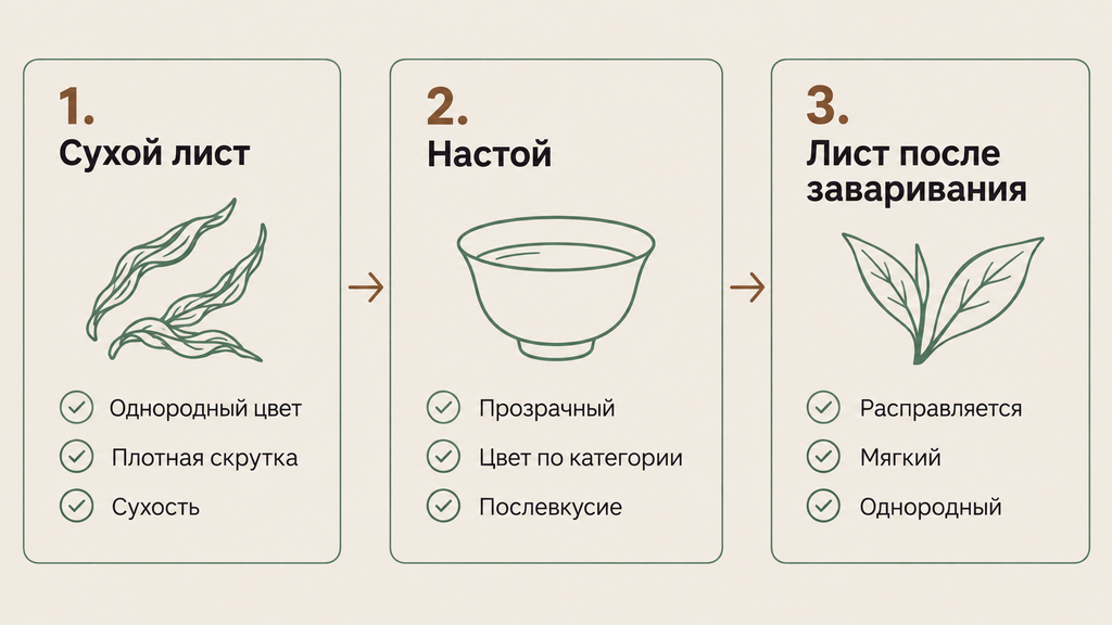 Инфографика: проверка качества чая в три этапа — сухой лист, настой и раскрывшийся лист после заваривания