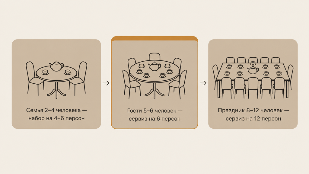 Схема выбора размера чайного сервиза для семьи из 2–4 человек, гостей 5–6 и торжества на 8–12 персон с визуальными рекомендациями по комплекту
