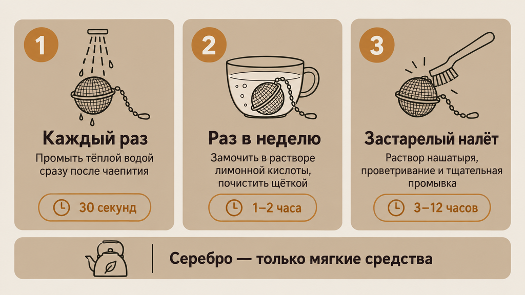 Инфографика-чеклист по уходу за чайным ситечком: три этапа очистки от ежедневного промывания до удаления застарелого налёта