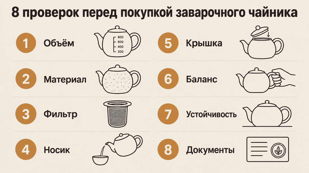 Чек-лист с 8 пунктами проверки оригинального заварочного чайника перед покупкой. Линейные иконки характеристик на фоне тёплого фарфора с янтарным акцентом