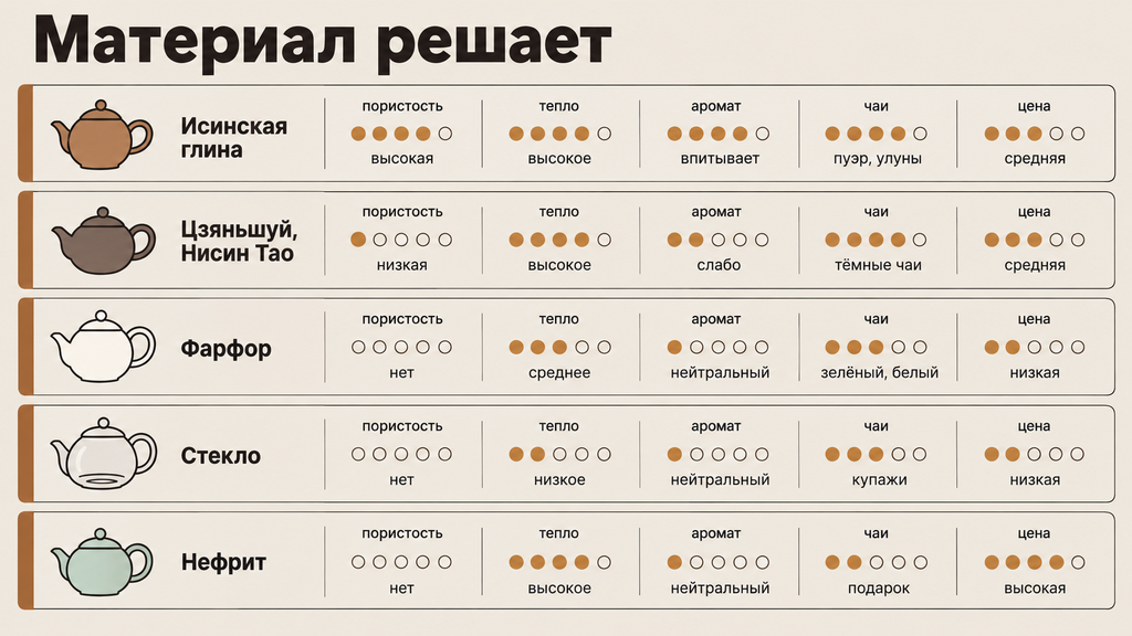 Матрица сравнения материалов чайников: исинская глина, керамика Цзяньшуй и Нисин Тао, фарфор, стекло, нефрит. Параметры пористости, теплоёмкости, впитывания аромата, подходящих сортов чая и ценового уровня.