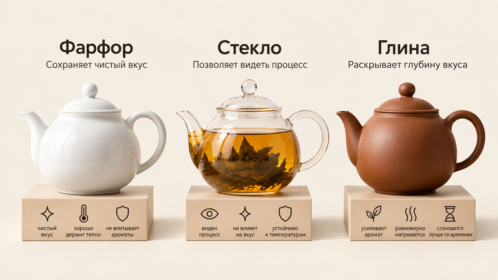 Три заварника из фарфора, стекла и глины с одинаковым настоем чая. Сравнение материалов чайной посуды для заваривания и подачи