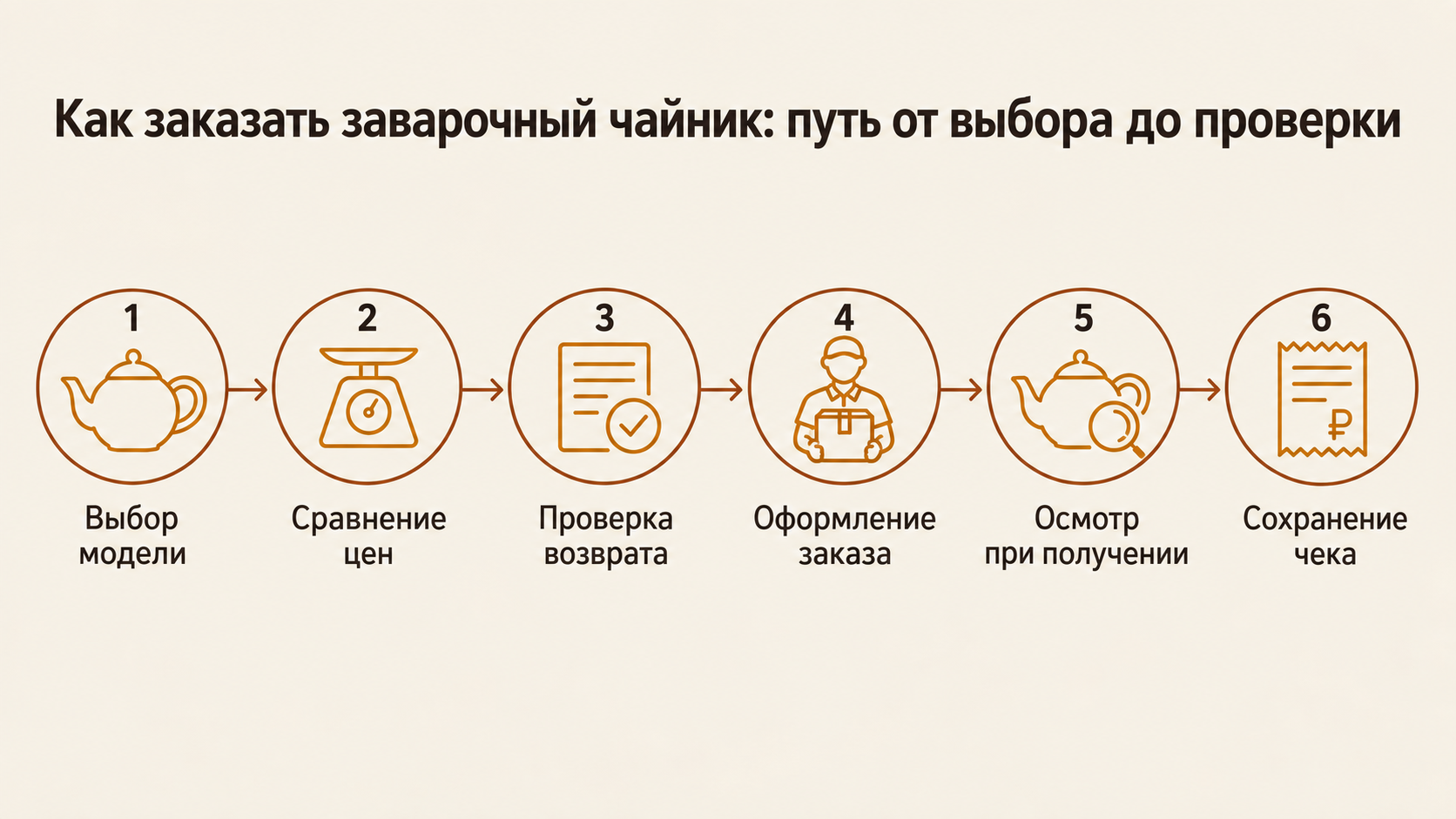 Горизонтальная схема из шести шагов покупки заварочного чайника с доставкой: выбор модели, сравнение цен, проверка условий возврата, оформление заказа, осмотр при получении и сохранение чека