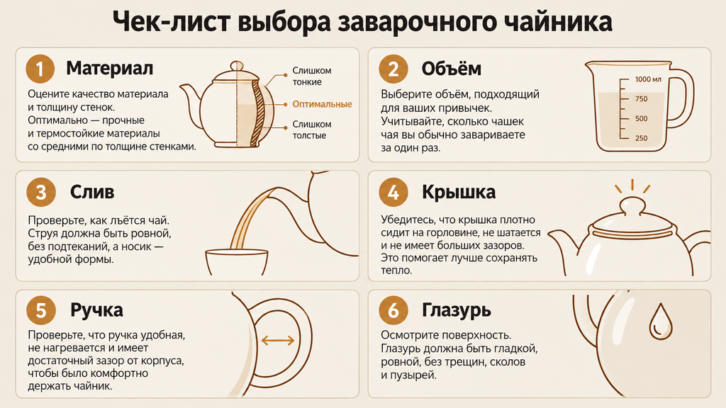 Чек-лист выбора заварочного чайника: шесть пунктов с линейными пиктограммами для проверки перед покупкой