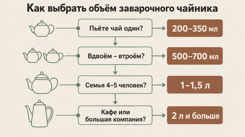 Блок-схема выбора объёма заварочного чайника по количеству пьющих и сценарию чаепития с рекомендациями по вместимости