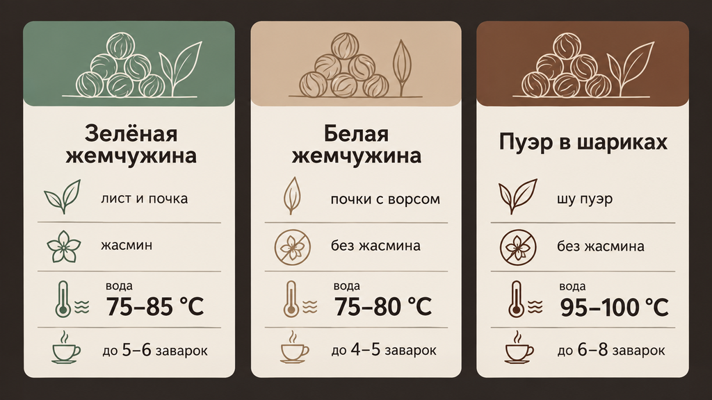 Сравнительная схема трёх типов чая жемчужина дракона: зелёный с жасмином, белый Бай Лун Чжу и шу пуэр — ключевые характеристики вкуса и правила приготовления.