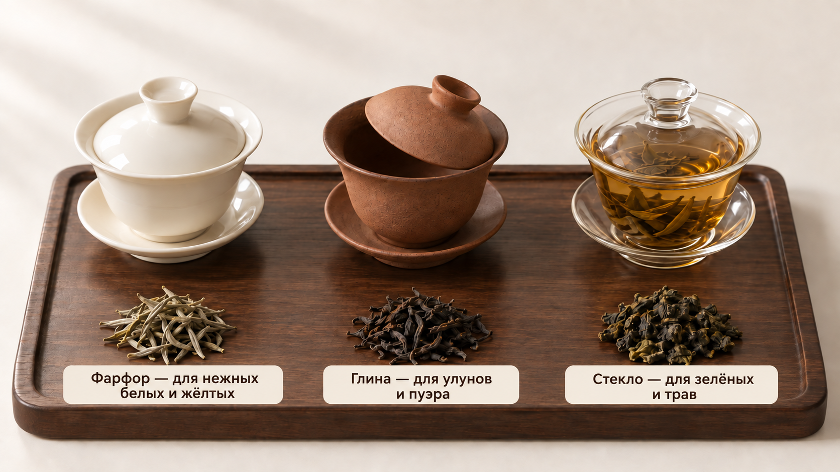 Три гайвани из фарфора, матовой глины и стекла на светлом фоне, демонстрирующие разницу фактур для выбора чая