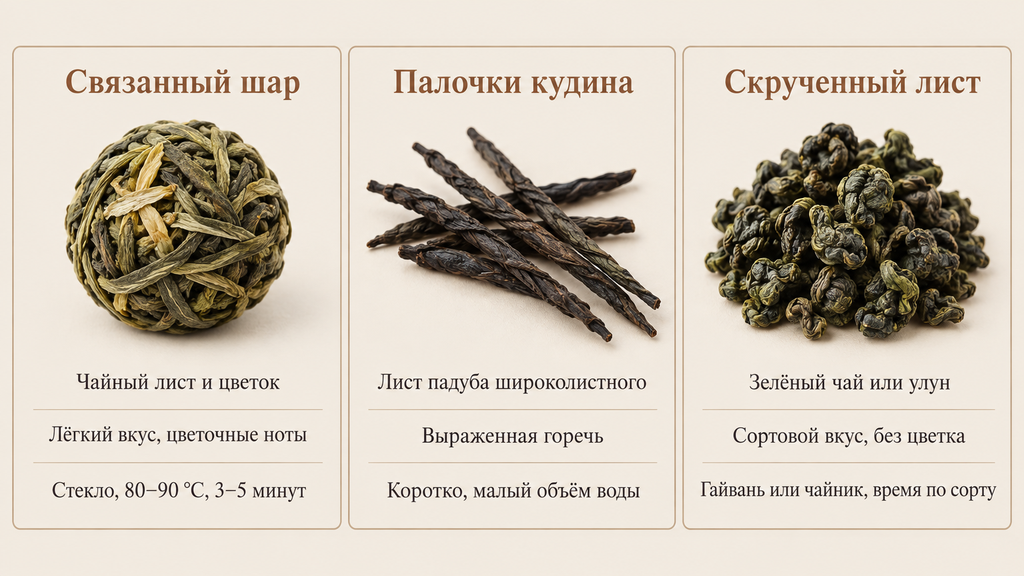 Сравнение трёх необычных форм чая: связанного шара, палочек кудина и скрученного зелёного листа. Информационные карточки с описанием сорта, вкуса и способа заваривания.