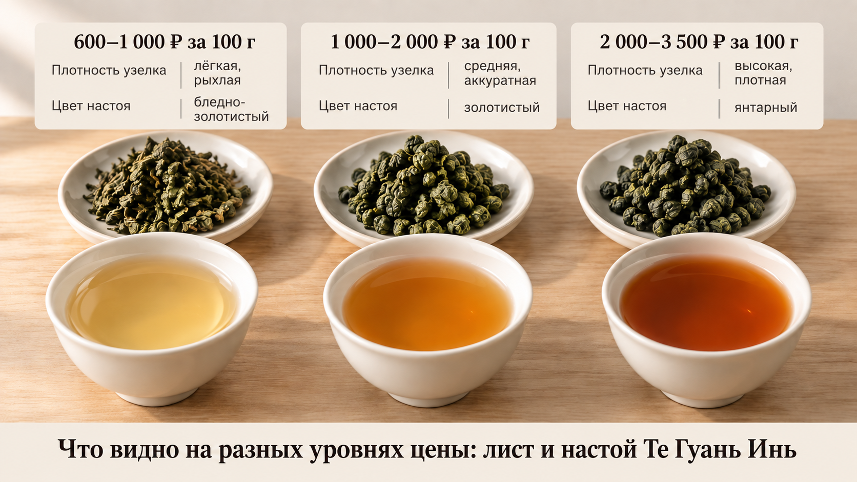 Сравнение трех уровней качества чая Те Гуань Инь: сухой лист и настой в одинаковых пиалах с разной плотностью узелка и цветом настоя