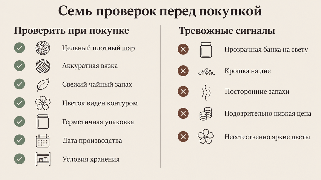 Чек-лист выбора вязаного чая: семь проверок при покупке и колонка тревожных сигналов