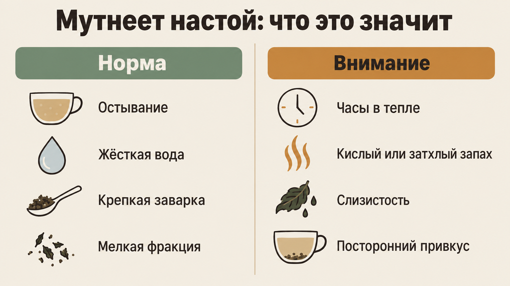Инфографика: причины помутнения чайного настоя. Естественные факторы против признаков порчи. Как отличить норму от испорченного чая.