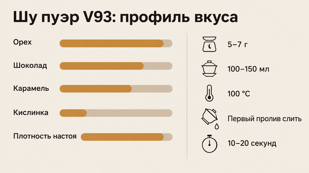 Карточка с профилем вкуса и параметрами заваривания шу пуэра V93