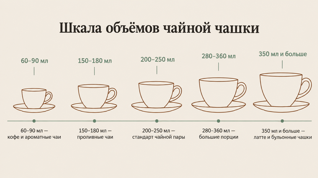 Горизонтальная шкала объёмов чайных чашек от 60 до 350 мл с подписями под подходящие чаи и напитки