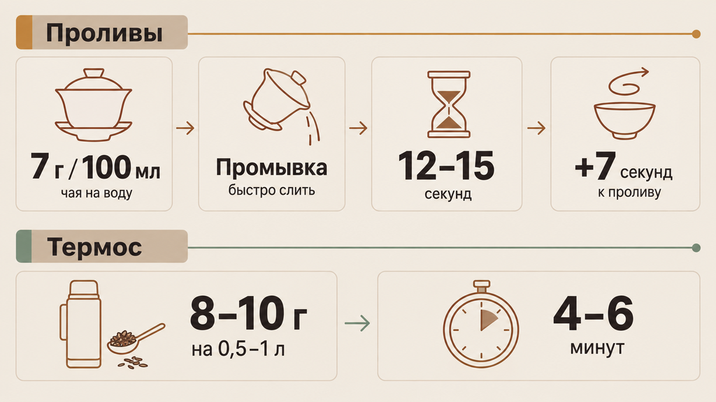 Пошаговая схема заваривания шу пуэра Белый Лотос проливами и в термосе с указанием пропорций и времени