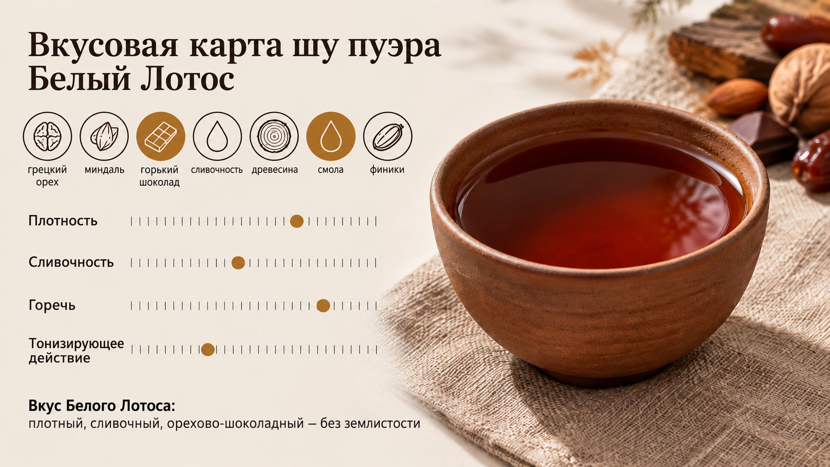 Карта вкуса шу пуэра Белый лотос: ноты ореха, миндаля, шоколада и древесины, шкалы плотности, сливочности, горечи и тонизирующего эффекта