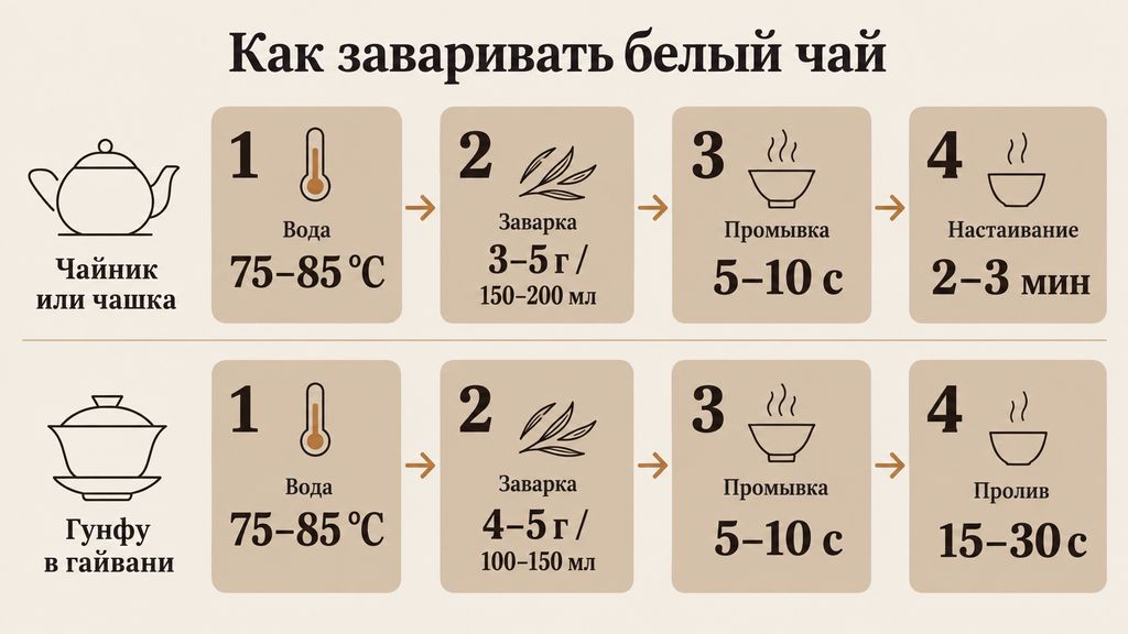 Схема заваривания белого чая в чайнике и гайвани с указанием температуры 75–85 °C, пропорций и времени настоя