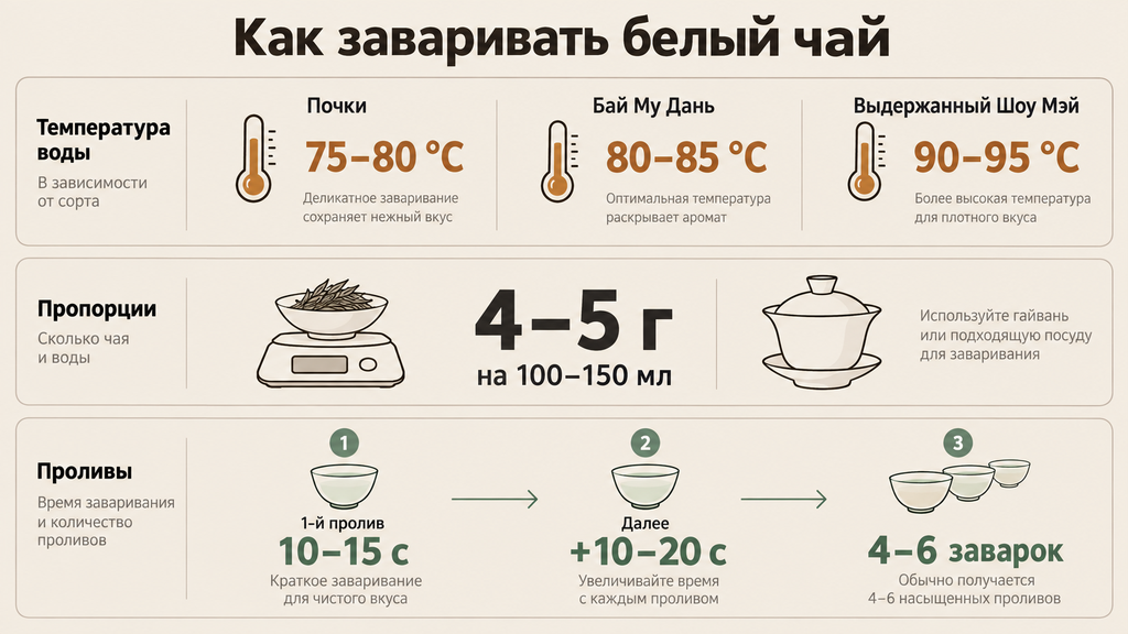 Схема заваривания белого чая: температура по типам сырья, пропорции воды и чаин, таймлайн проливов с указанием времени