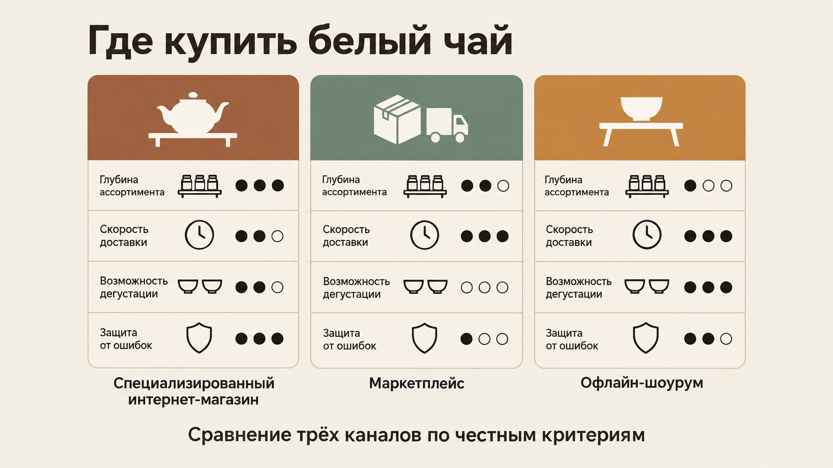 Сравнительная инфографика каналов покупки белого чая: специализированный магазин, маркетплейс и офлайн-шоурум по критериям ассортимента, доставки и дегустации