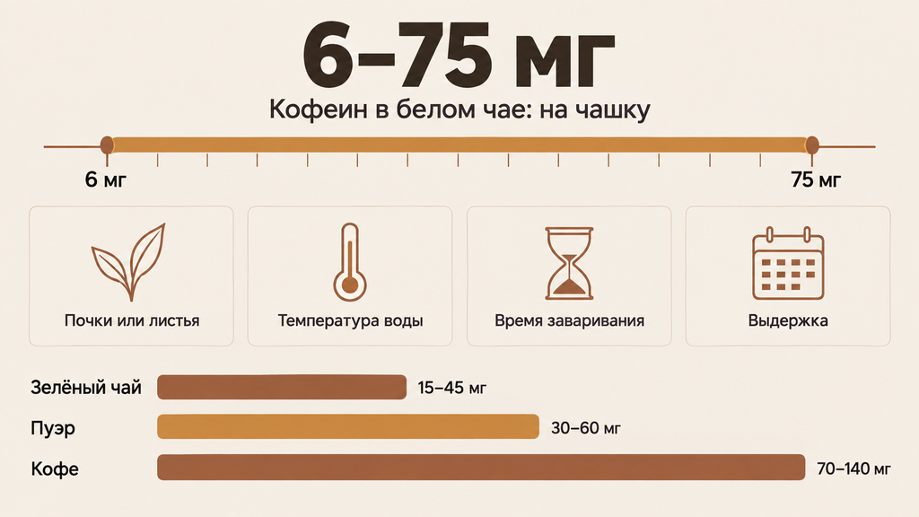 Шкала содержания кофеина в белом чае от 6 до 75 мг в зависимости от сырья и условий заваривания