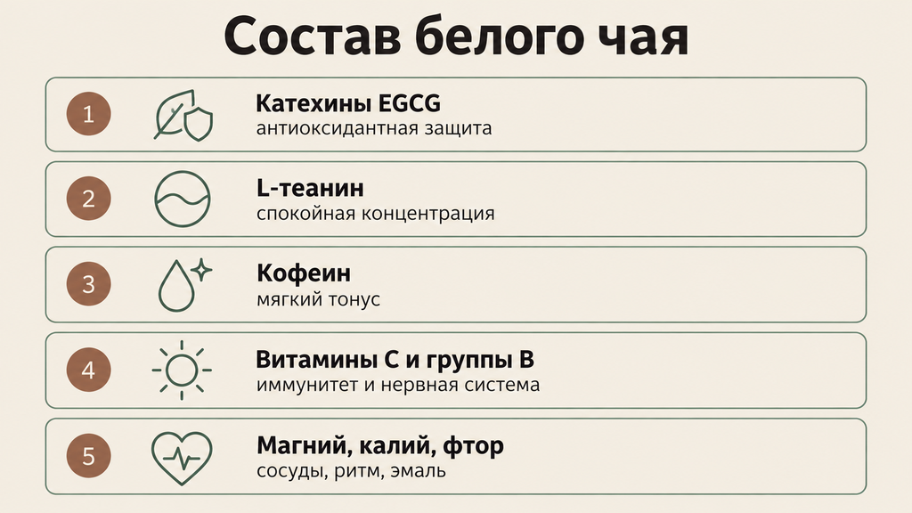 Карточка состава белого чая: пять ключевых веществ и их влияние на организм