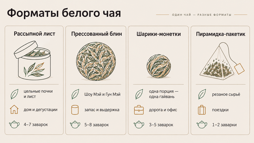 Сравнительная карточка форматов белого чая: рассыпной лист, прессованный блин, порционные шарики и пирамидный пакетик с параметрами использования для быстрого выбора.
