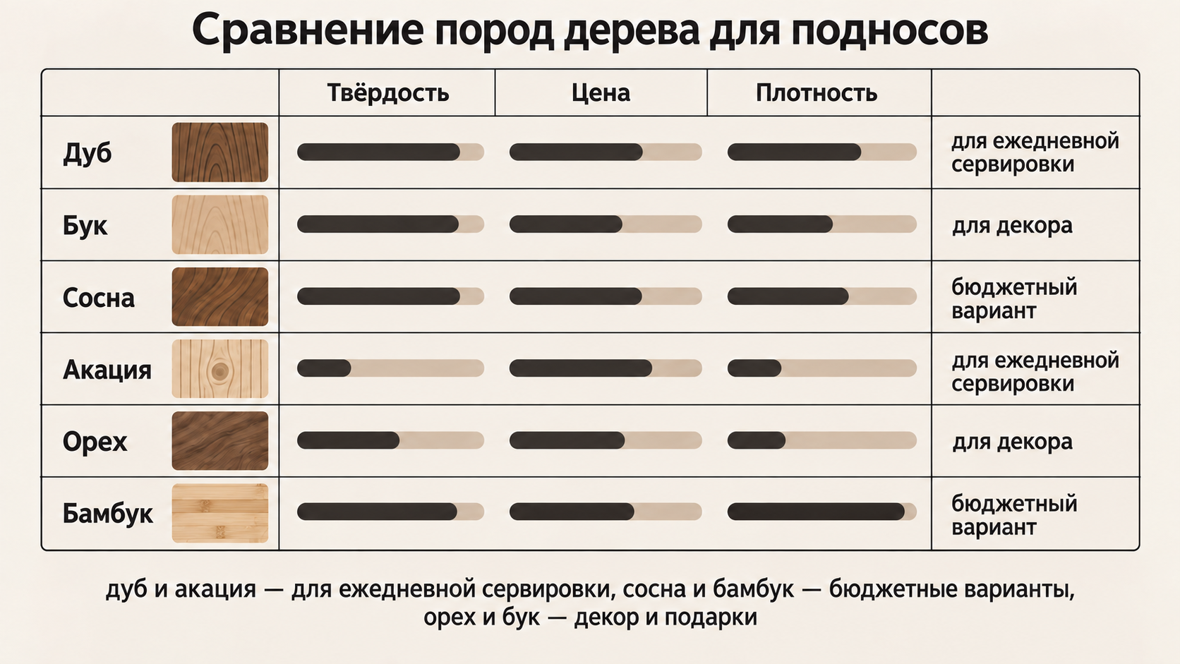 Инфографика сравнения пород дерева для подносов: свойства, твёрдость, цена и назначения видов
